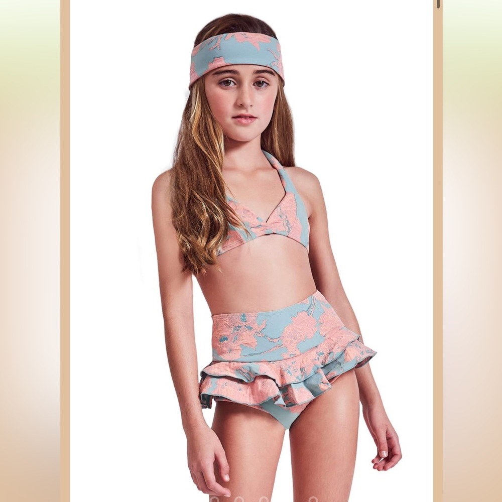 Alexis Pink & blue Floral-Trim Swimwear Top & ruffle bikini bottom set 12